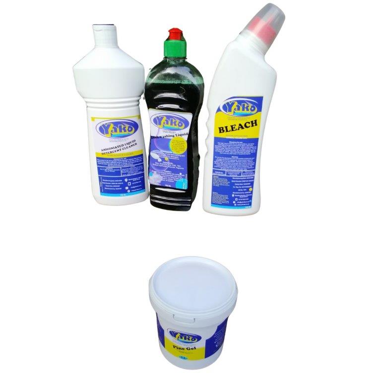 Yako mini household range — cleaner, dishwashing liquid, bleach and pine gel