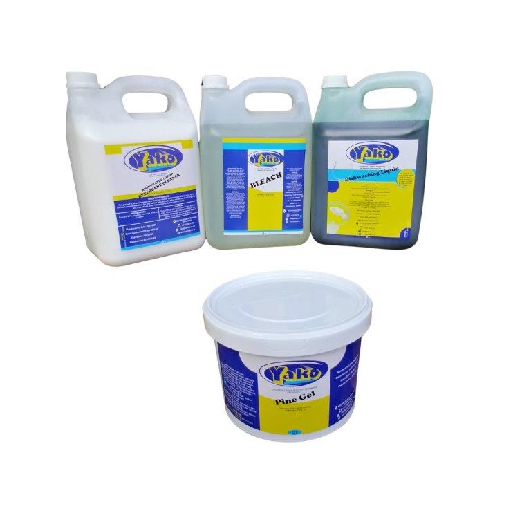 Yako detergent range — all-purpose cleaner, bleach, dishwashing liquid and pine gel